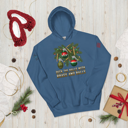 Deck the Halls with Brass and Balls sweatshirt featuring bold tactical Christmas design on front indigo blue