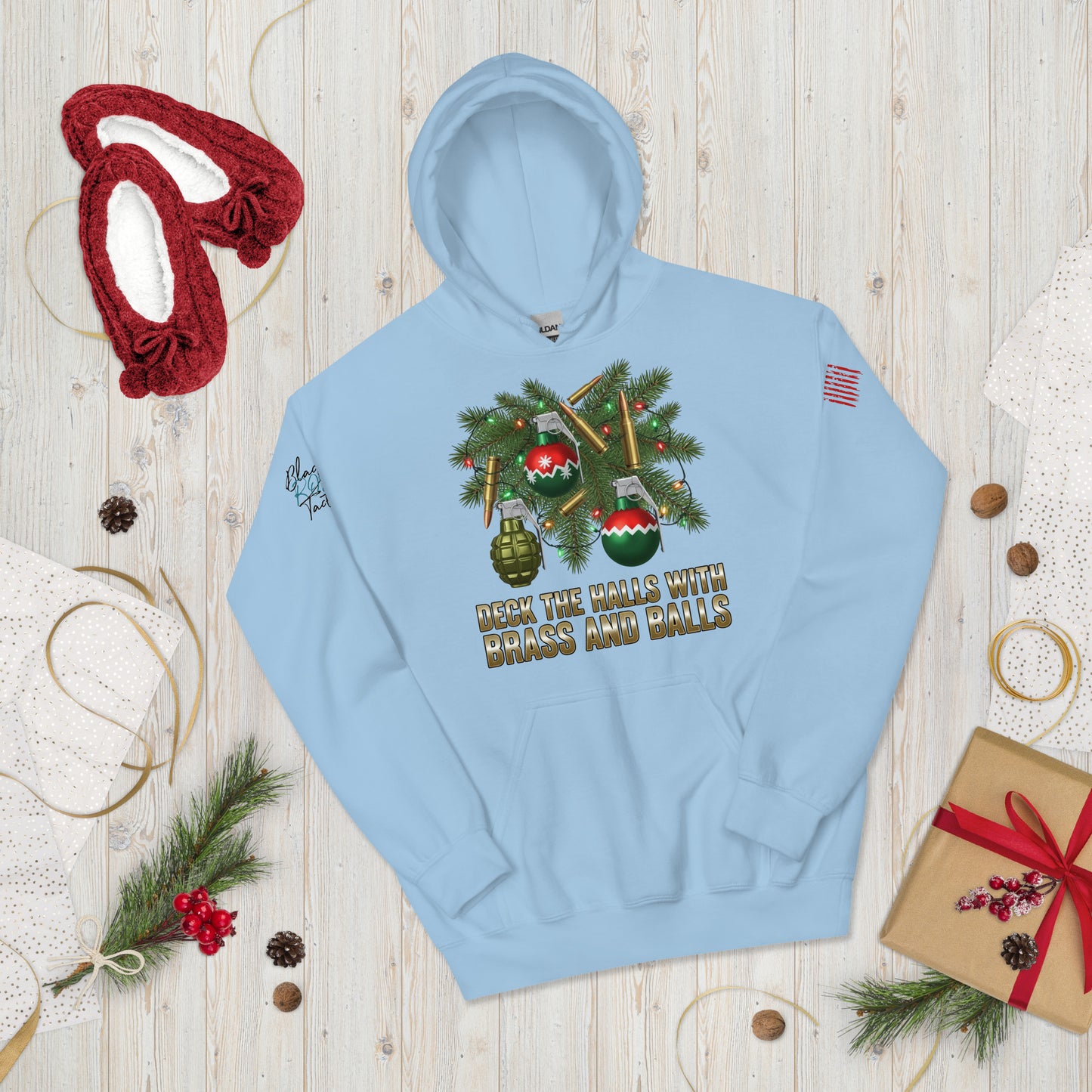 Deck the Halls with Brass and Balls sweatshirt featuring bold tactical Christmas design on front light blue