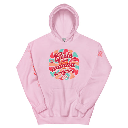 Pink hoodie with colorful graphic and text on a white background