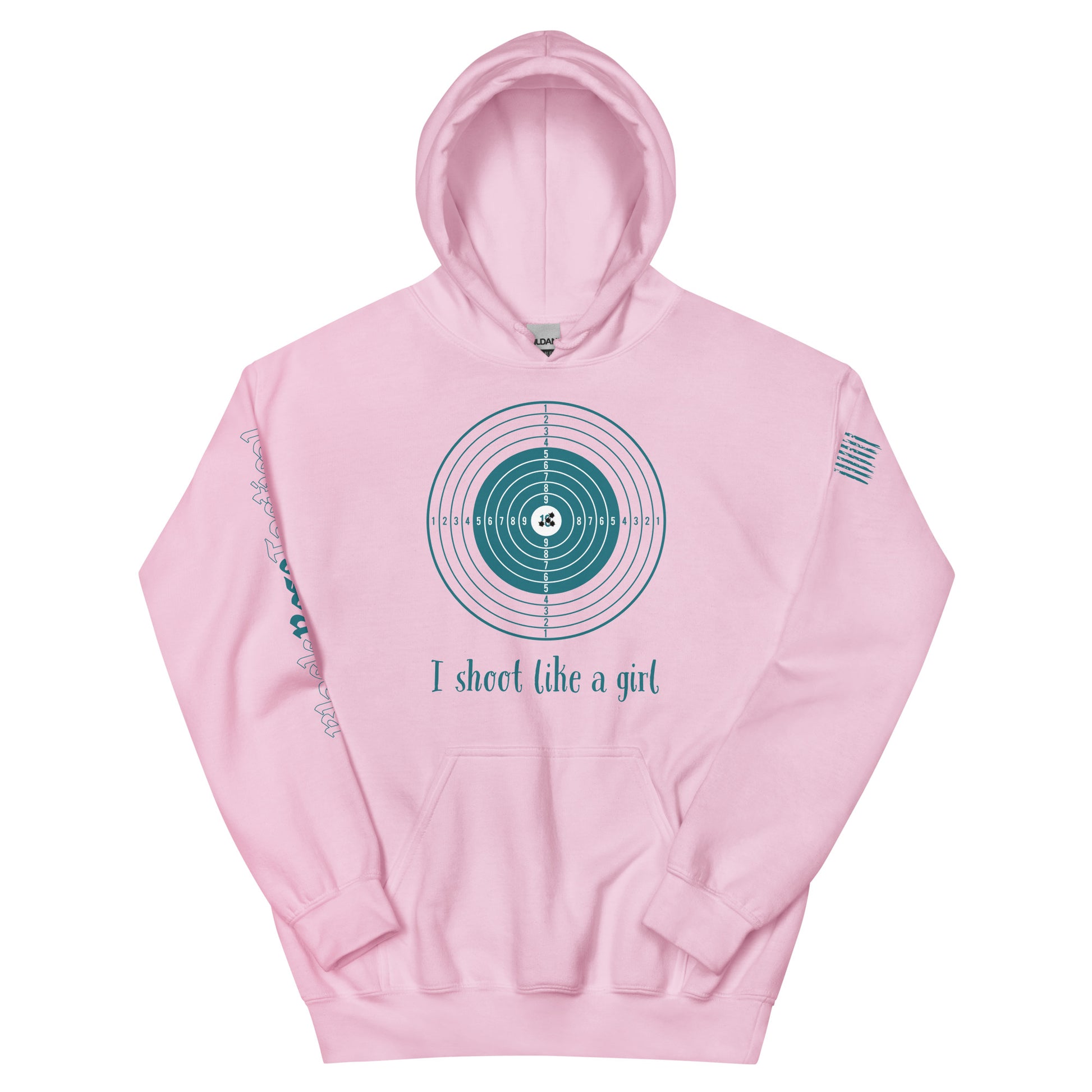 Close-up of hoodie detail showing rib-knit cuffs and pocket light pink