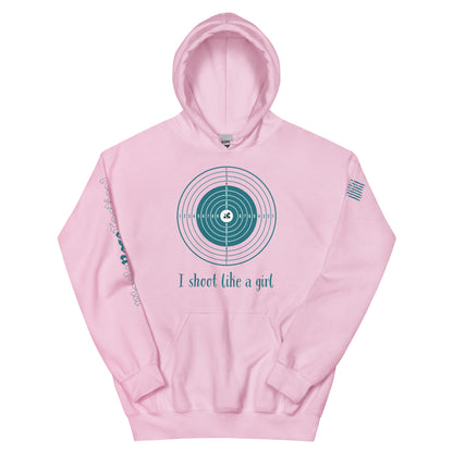 Close-up of hoodie detail showing rib-knit cuffs and pocket light pink