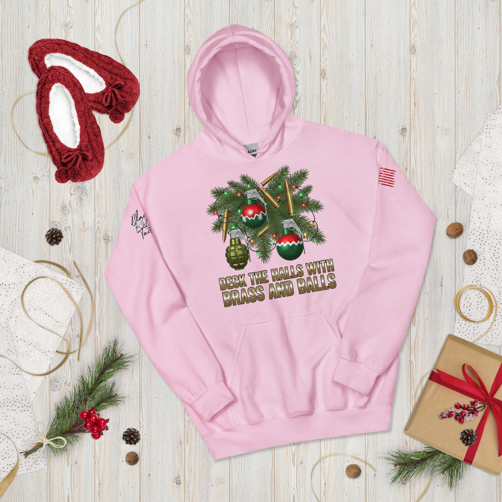 Deck the Halls with Brass and Balls sweatshirt featuring bold tactical Christmas design on front light pink