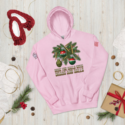 Deck the Halls with Brass and Balls sweatshirt featuring bold tactical Christmas design on front light pink