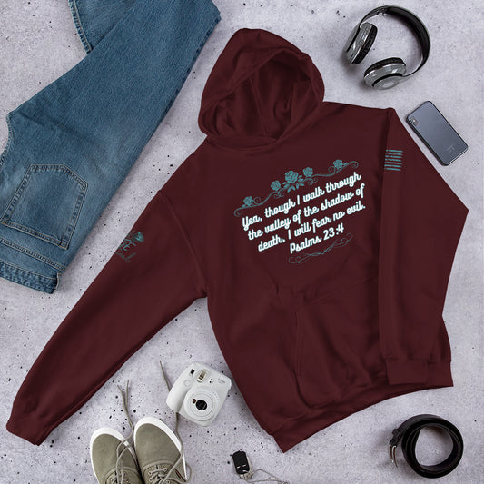 Psalms 23:4 unisex hoodie flat lay with Bible verse graphic on front.