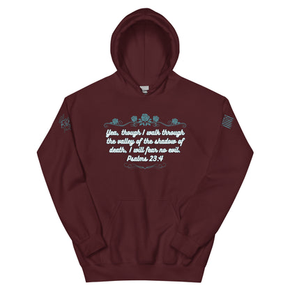 Maroon hoodie with text and design on a white background