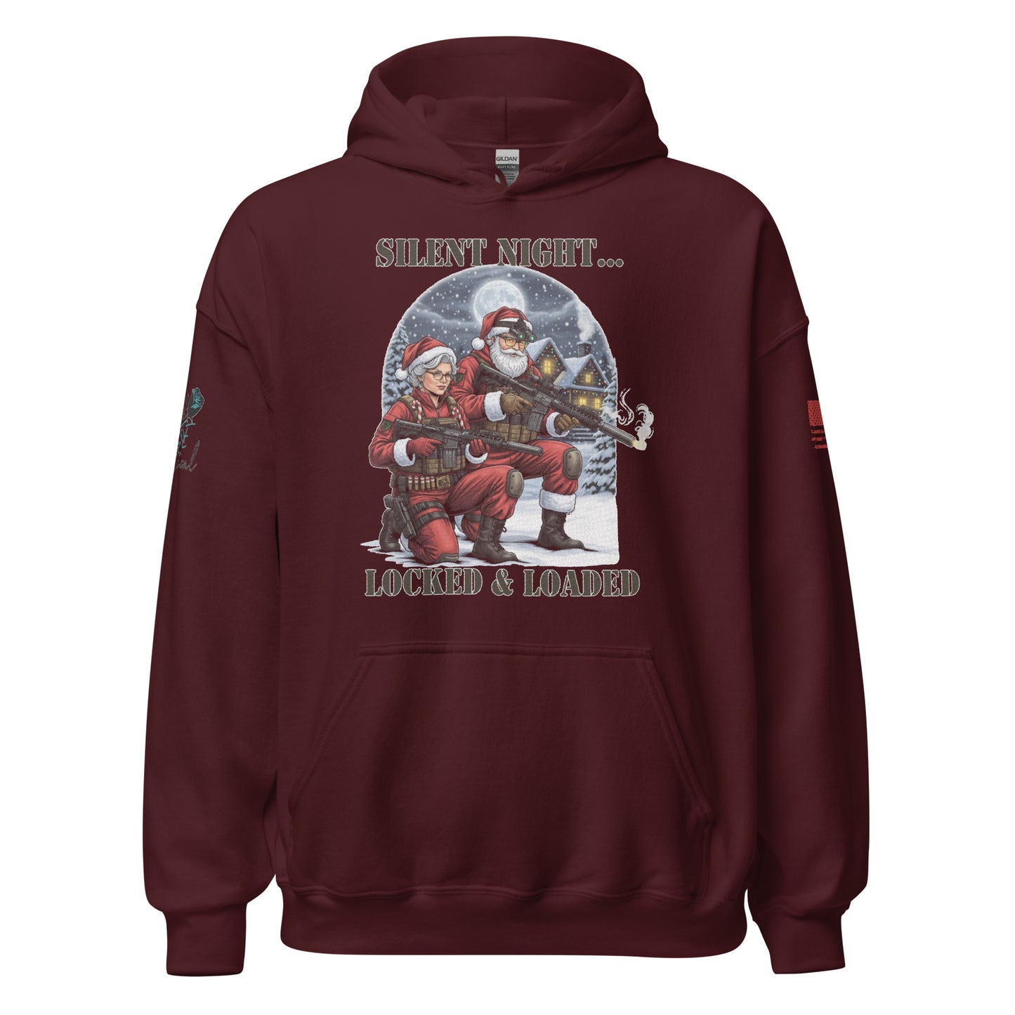Close-up of Silent Night Locked and Loaded graphic on soft cotton-poly sweatshirt marron