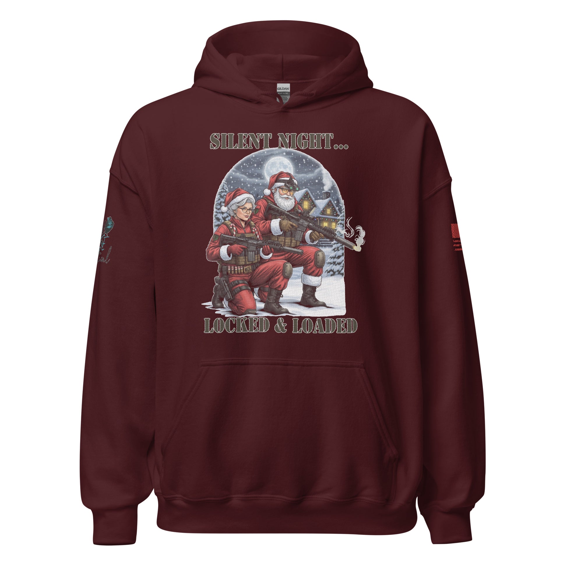 Close-up of Silent Night Locked and Loaded graphic on soft cotton-poly sweatshirt marron