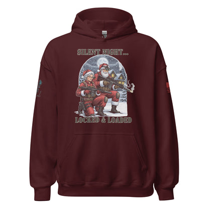 Close-up of Silent Night Locked and Loaded graphic on soft cotton-poly sweatshirt marron