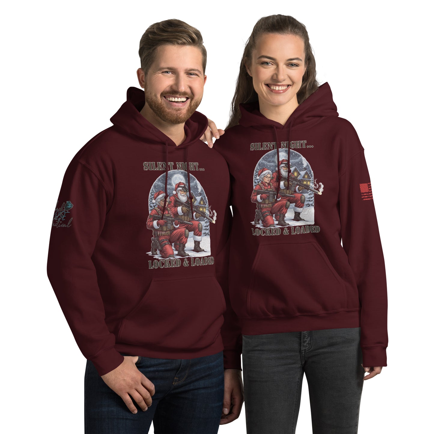 Silent Night Locked and Loaded sweatshirt with tactical holiday design printed on front maroon