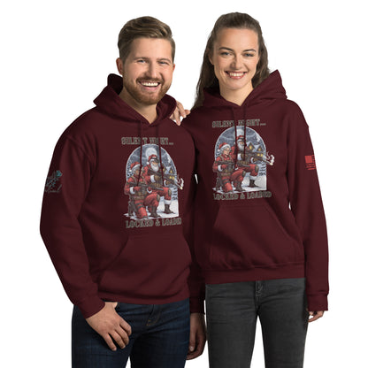 Silent Night Locked and Loaded sweatshirt with tactical holiday design printed on front maroon