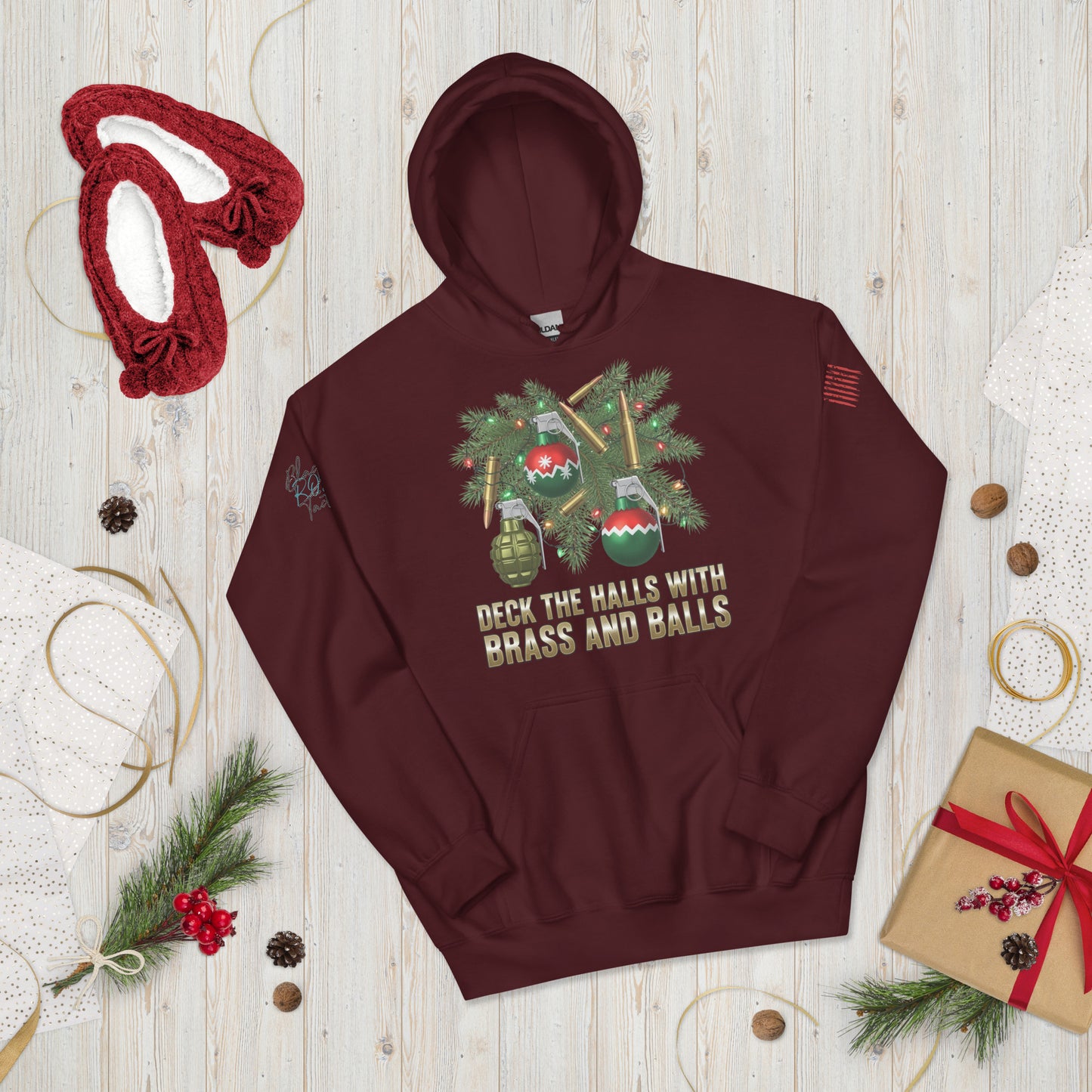 Deck the Halls with Brass and Balls sweatshirt featuring bold tactical Christmas design on front maroon