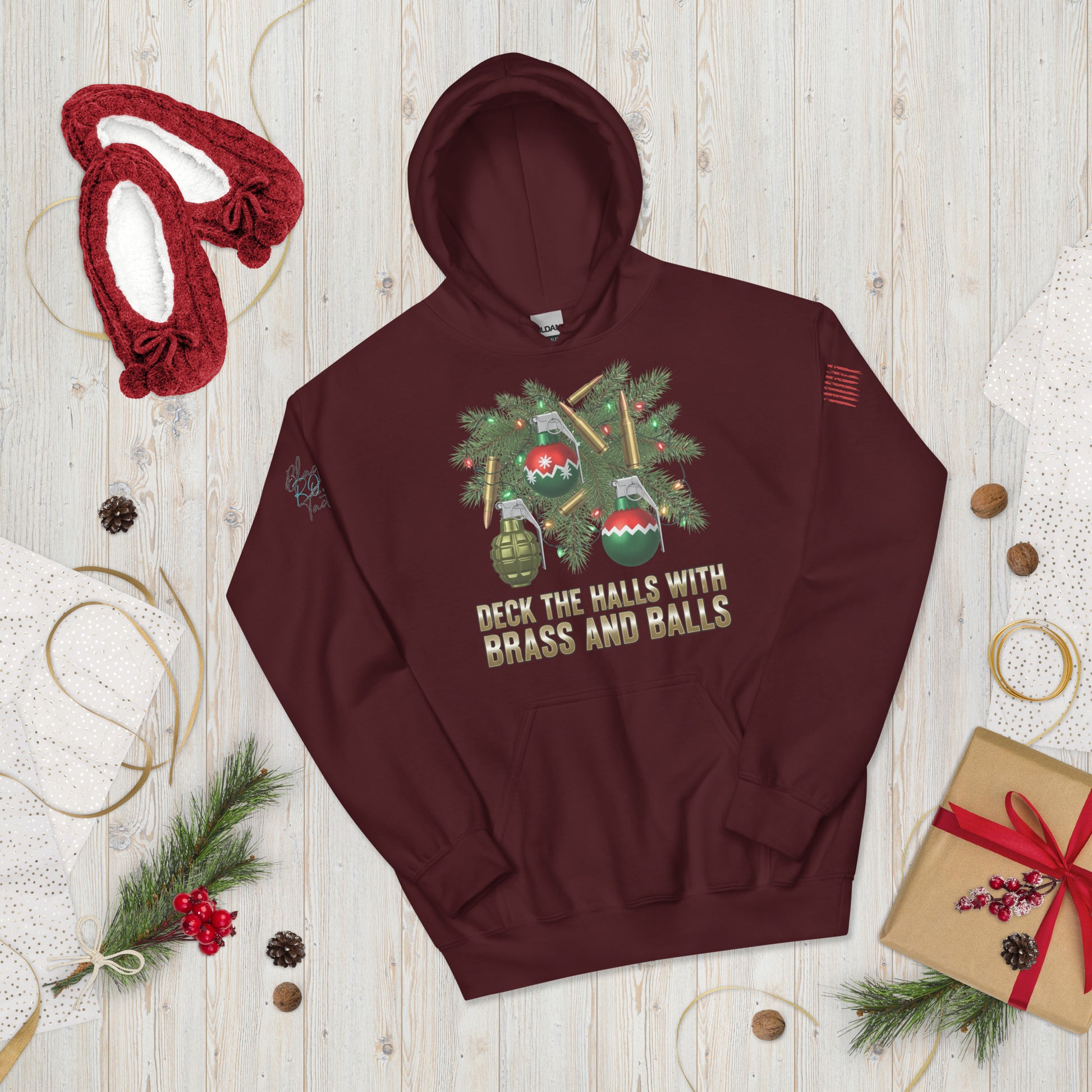 Deck the Halls with Brass and Balls sweatshirt featuring bold tactical Christmas design on front maroon