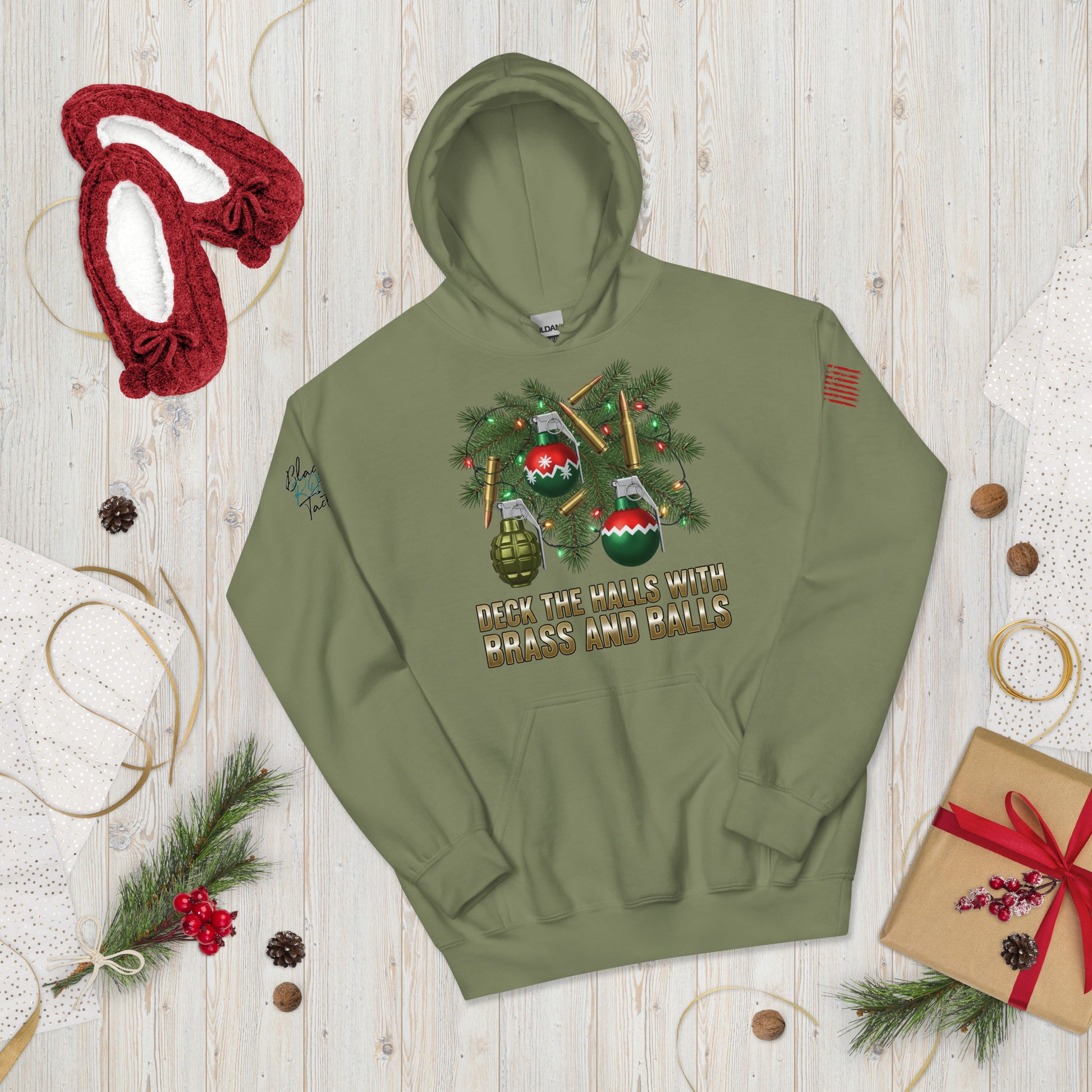 Deck the Halls with Brass and Balls sweatshirt featuring bold tactical Christmas design on front military green
