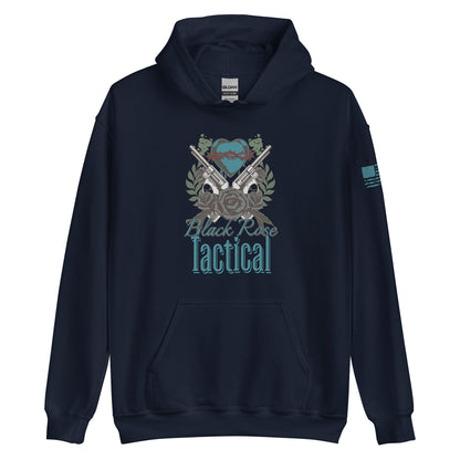 Black Rose Tactical Hoodie with bold graphic design, unisex fit, front pocket, and drawstring hood