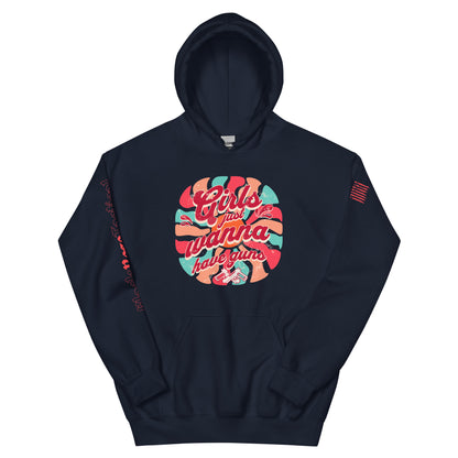 Casual street style with Girls Just Wanna Have Guns graphic hoodie.