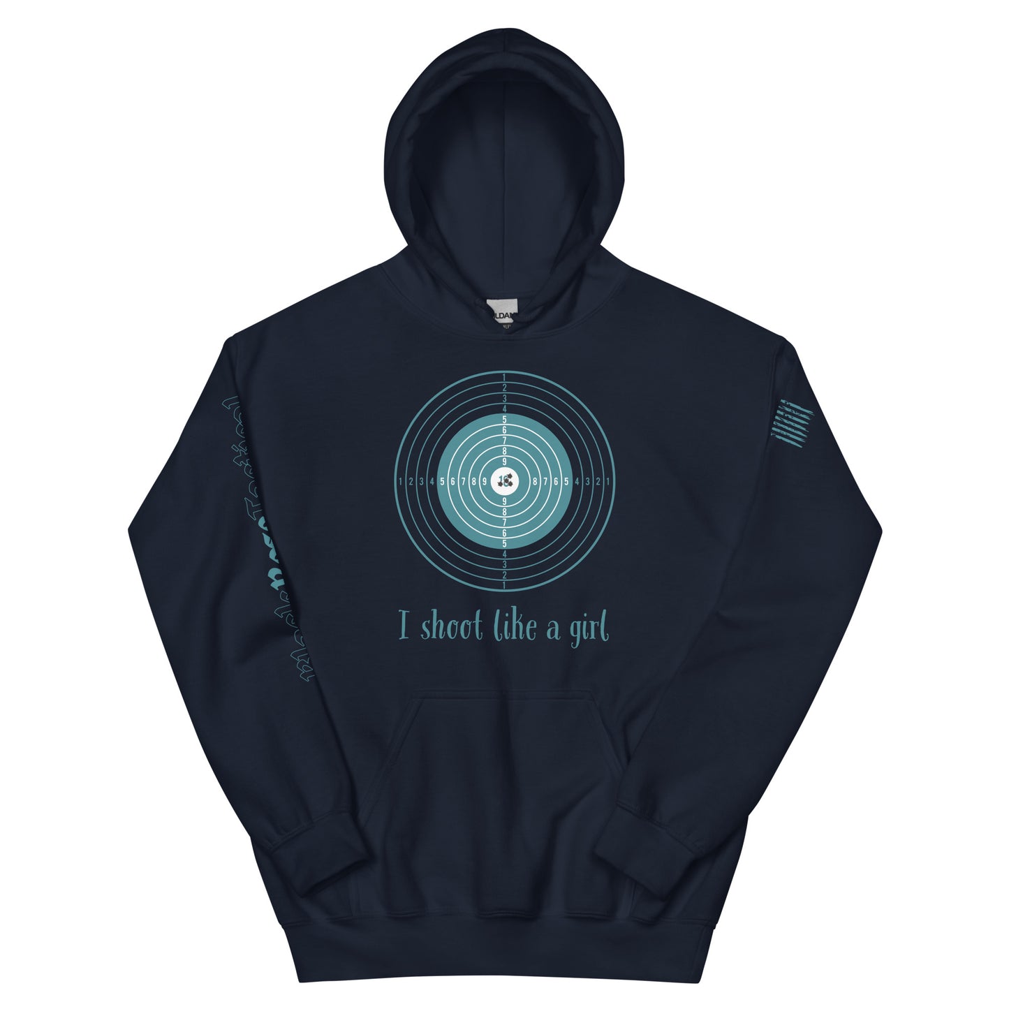 Close-up of hoodie detail showing rib-knit cuffs and pocket Navy