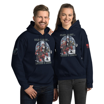 Silent Night Locked and Loaded sweatshirt with tactical holiday design printed on front Navy