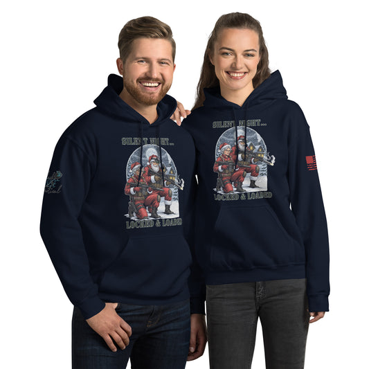 Silent Night Locked and Loaded sweatshirt with tactical holiday design printed on front Navy