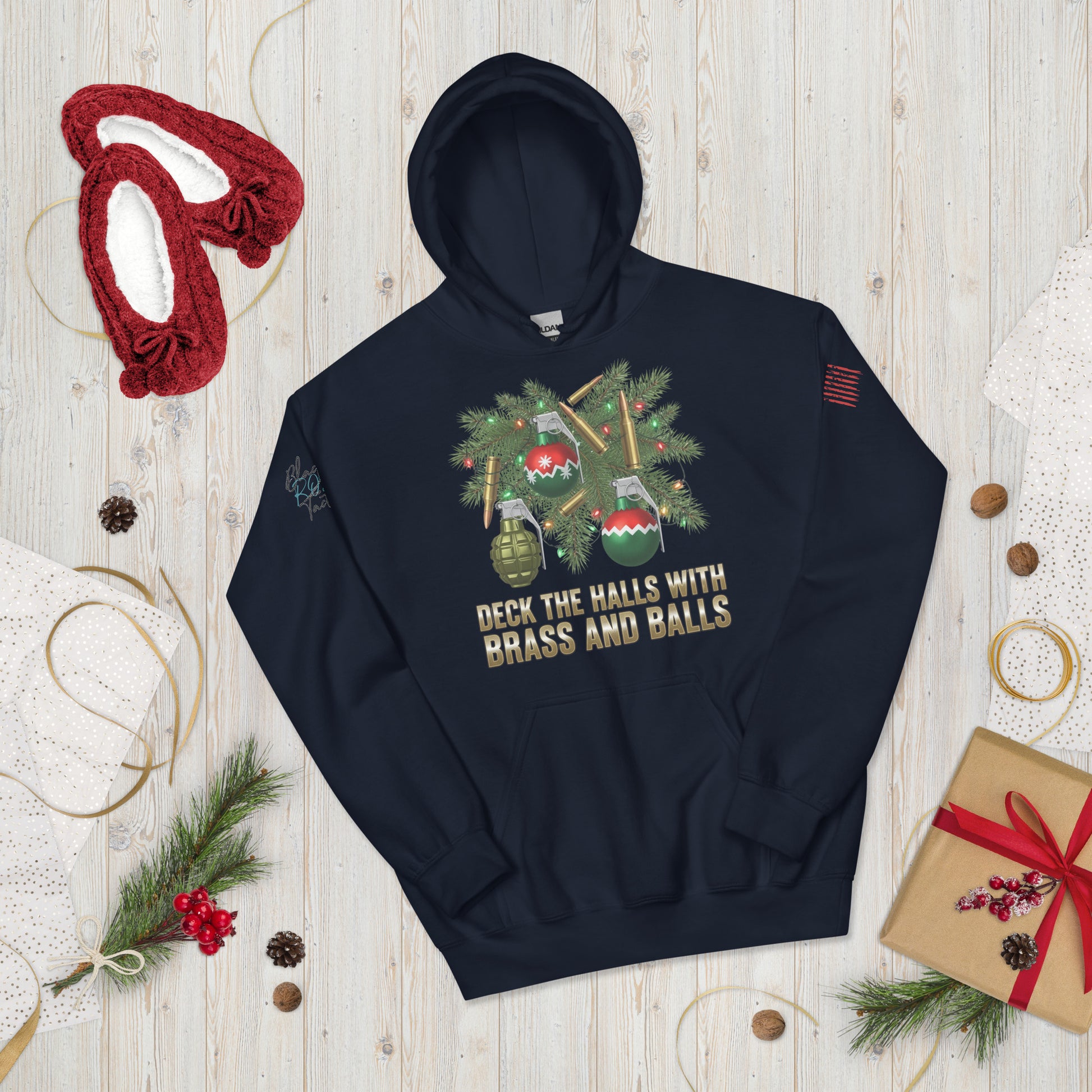 Deck the Halls with Brass and Balls sweatshirt featuring bold tactical Christmas design on front  navy