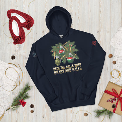 Deck the Halls with Brass and Balls sweatshirt featuring bold tactical Christmas design on front  navy