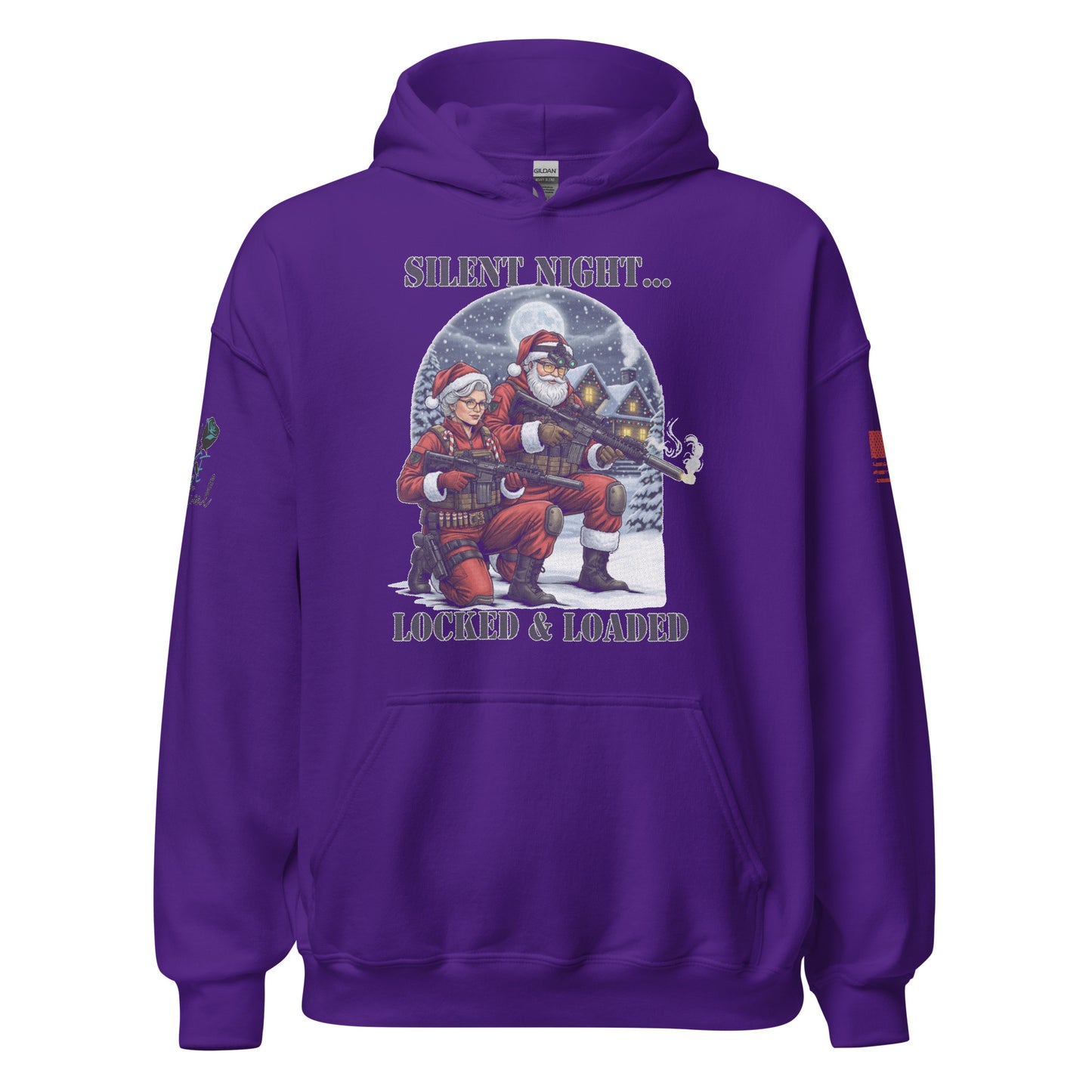 Close-up of Silent Night Locked and Loaded graphic on soft cotton-poly sweatshirt purple