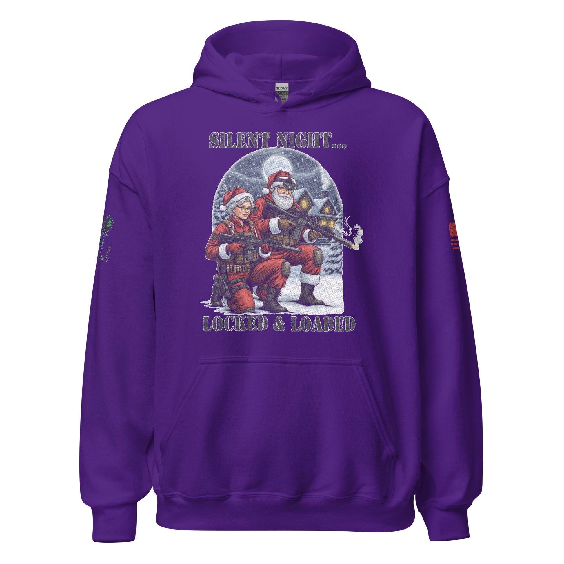 Close-up of Silent Night Locked and Loaded graphic on soft cotton-poly sweatshirt purple
