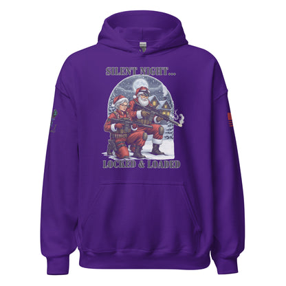 Close-up of Silent Night Locked and Loaded graphic on soft cotton-poly sweatshirt purple