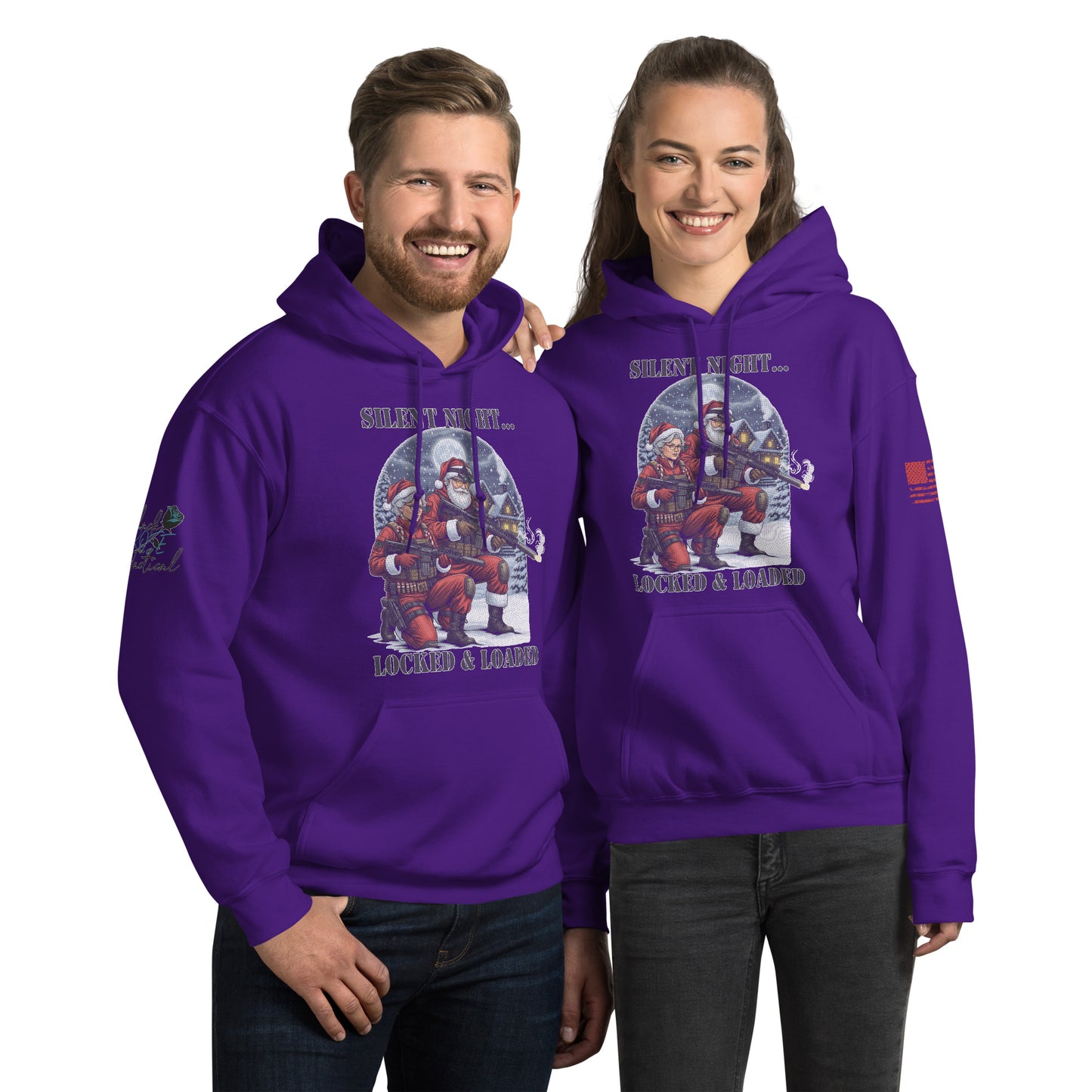 Silent Night Locked and Loaded sweatshirt with tactical holiday design printed on front purple