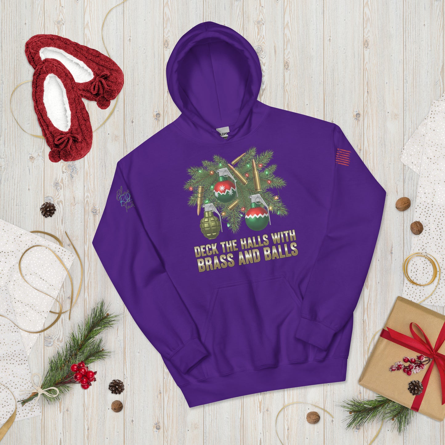 Deck the Halls with Brass and Balls sweatshirt featuring bold tactical Christmas design on front purple