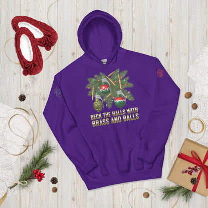 Deck the Halls with Brass and Balls sweatshirt featuring bold tactical Christmas design on front purple