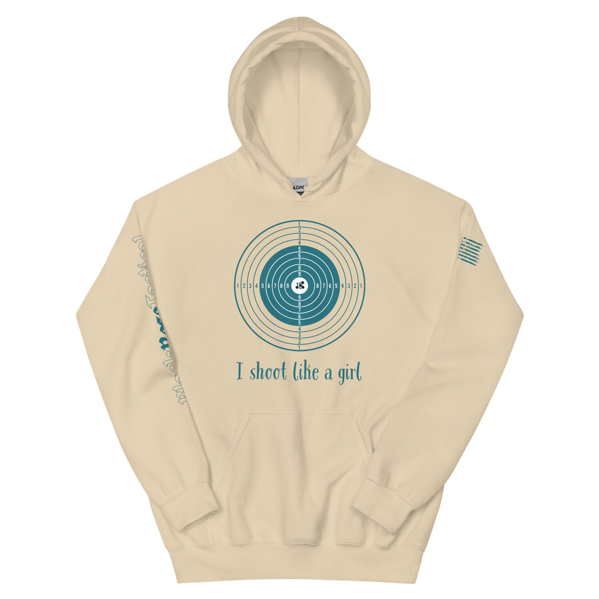 Close-up of hoodie detail showing rib-knit cuffs and pocket sand