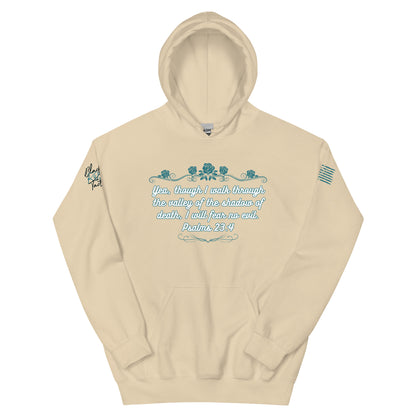 Beige hoodie with text and designs on a white background
