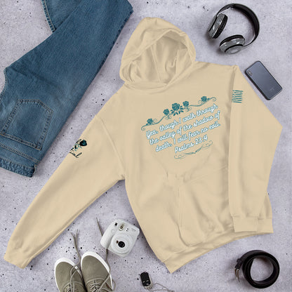 Front view of Psalms 23:4 hoodie showing Christian design and pocket sand