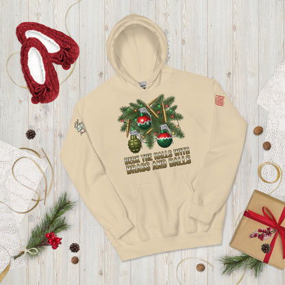 Deck the Halls with Brass and Balls sweatshirt featuring bold tactical Christmas design on front sand