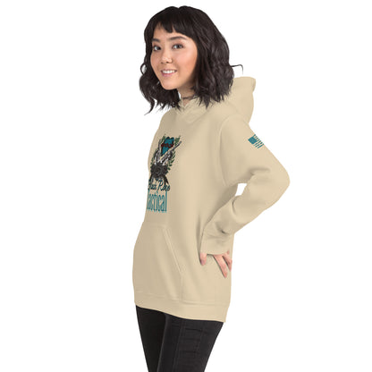 Woman wearing a beige hoodie with graphic design on a white background