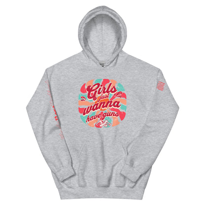 Gray hoodie with colorful graphic design on a white background