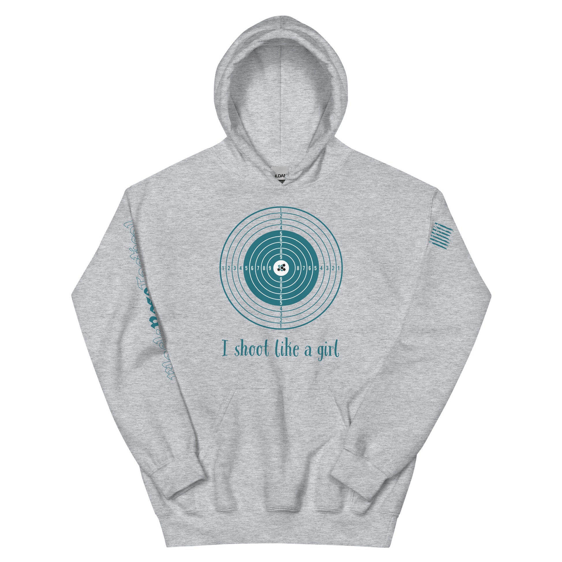 Close-up of hoodie detail showing rib-knit cuffs and pocket heather gray