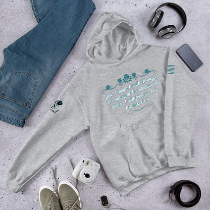 Front view of Psalms 23:4 hoodie showing Christian design and pocket gray