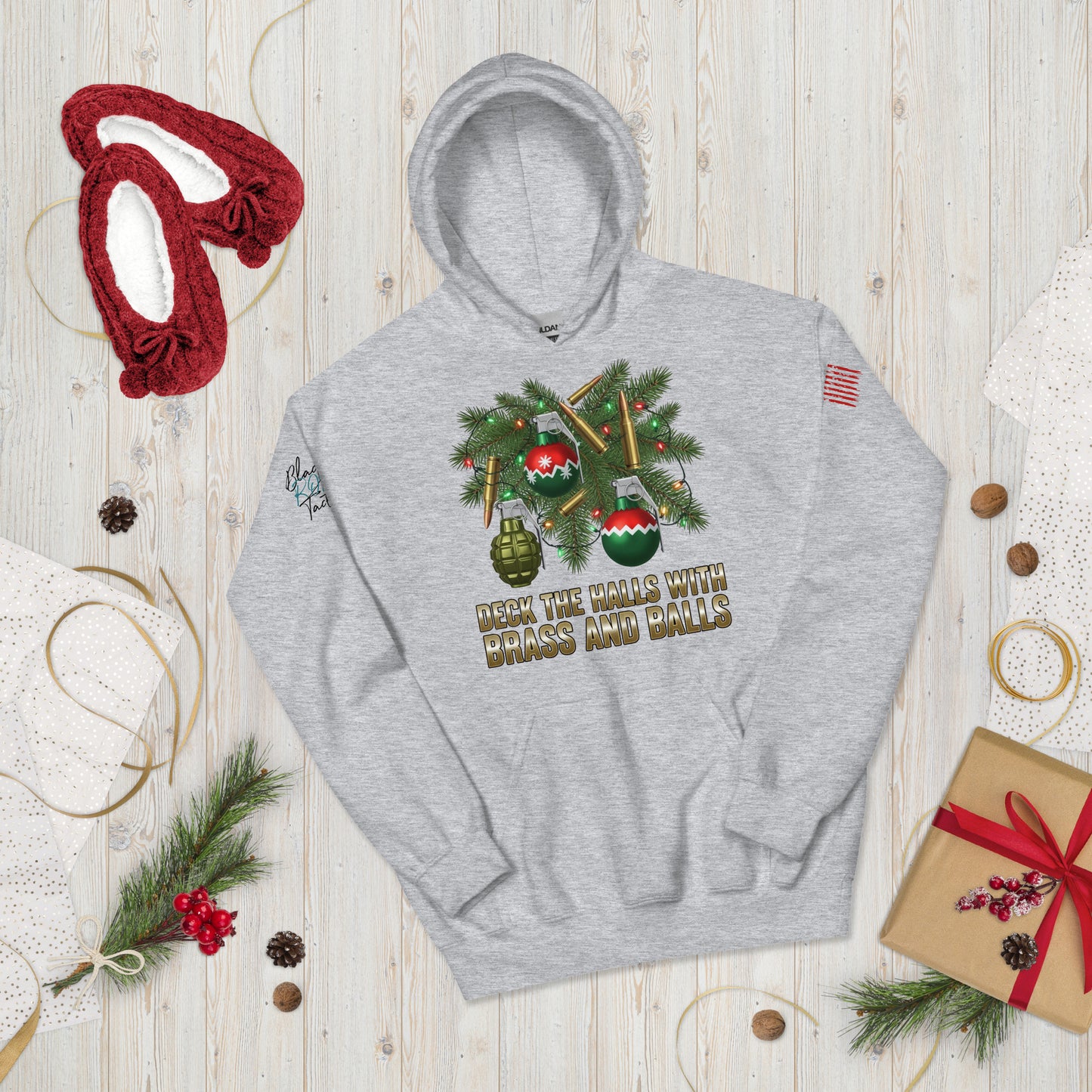 Deck the Halls with Brass and Balls sweatshirt featuring bold tactical Christmas design on front sport gray