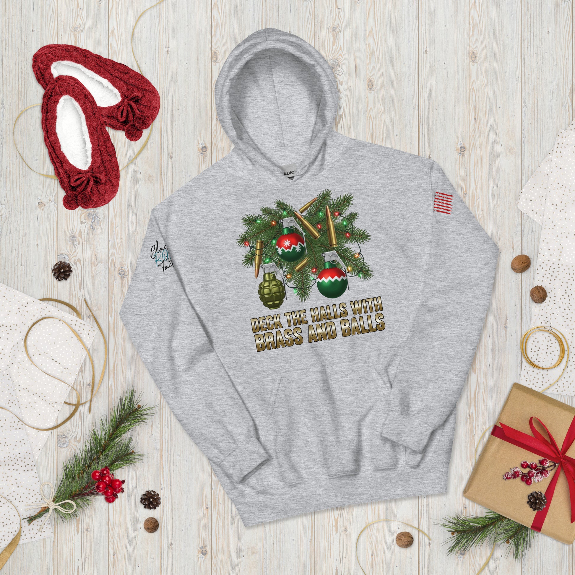 Deck the Halls with Brass and Balls sweatshirt featuring bold tactical Christmas design on front sport gray