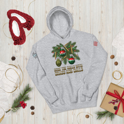 Deck the Halls with Brass and Balls sweatshirt featuring bold tactical Christmas design on front sport gray