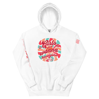 Girls Just Wanna Have Guns hoodie flat lay with bold graphic design.