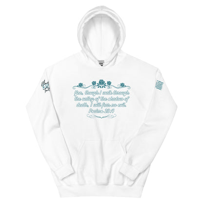 White hoodie with blue text and floral design on a white background