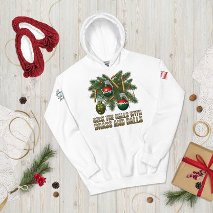 Deck the Halls with Brass and Balls sweatshirt featuring bold tactical Christmas design on front white