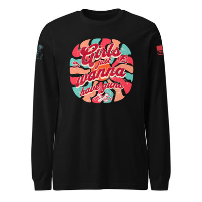 Black long-sleeve shirt with colorful graphic design on a white background