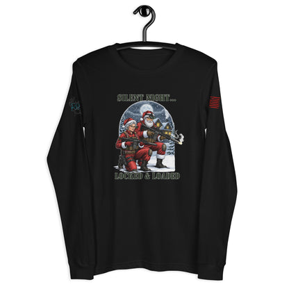 Silent Night...Locked and Loaded long sleeve shirt folded flat to show soft cotton texture and printed design.