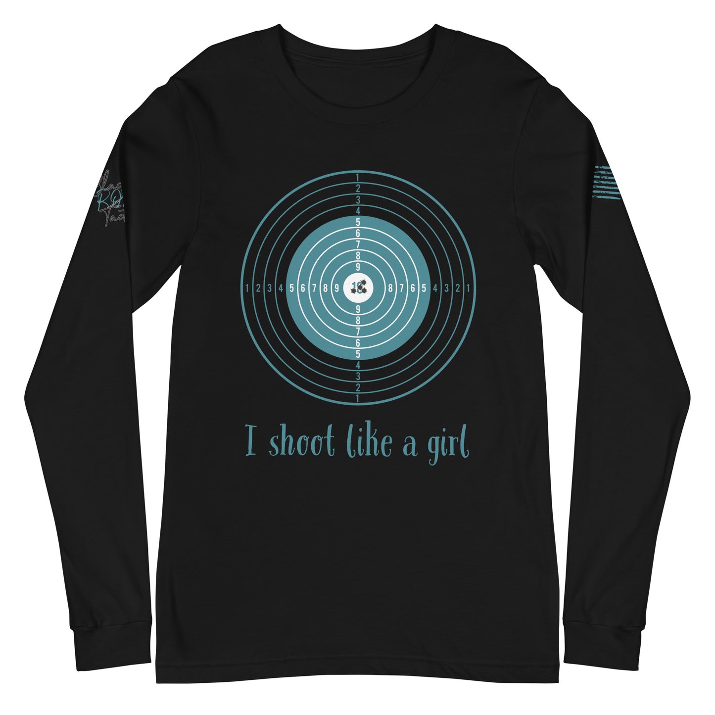 Close-up of I Shoot Like a Girl graphic on black long sleeve tee