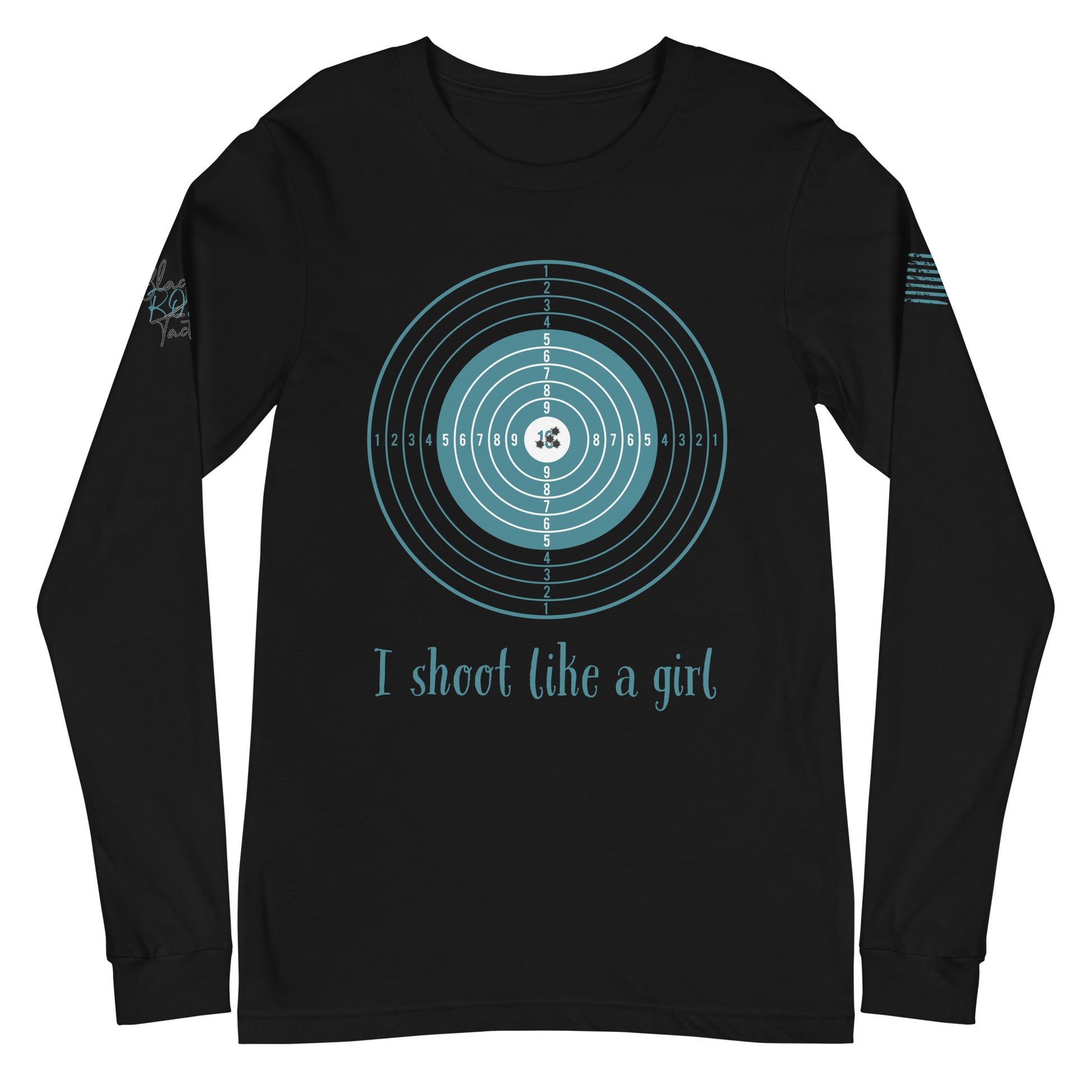 Close-up of I Shoot Like a Girl graphic on black long sleeve tee