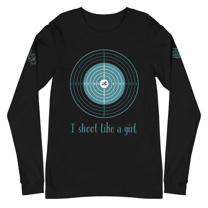 Close-up of I Shoot Like a Girl graphic on black long sleeve tee
