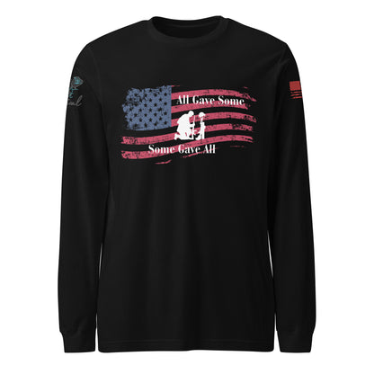 Front view of unisex long sleeve shirt with “All Gave Some, Some Gave All” patriotic design black

